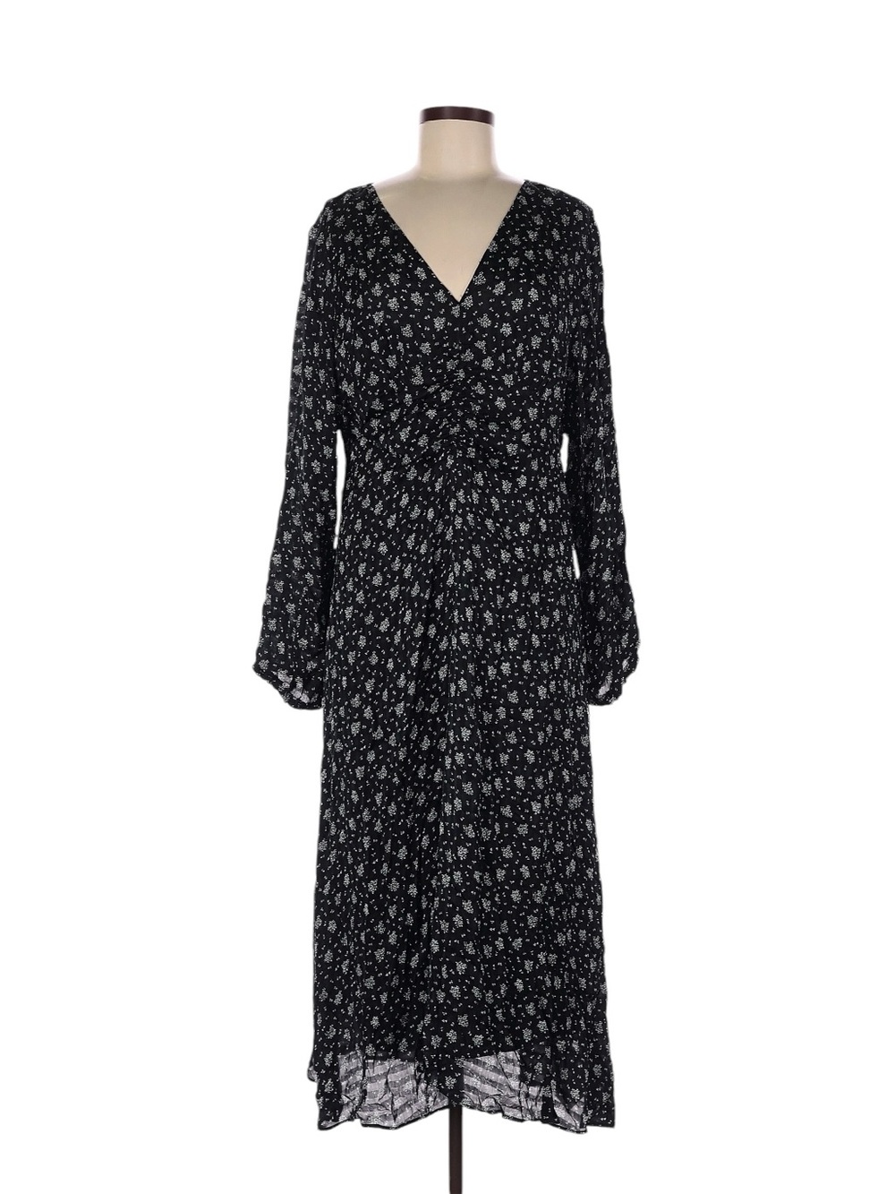 Madewell Ruched Midi Dress 12 Black White Floral V-Neck Fall Thanksgiving NWT